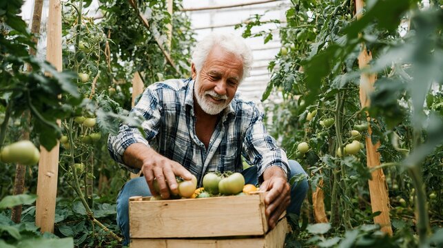 Senior Farmer Inspects Tomatoes in Greenhouse