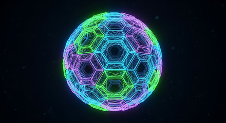 Luminous Hexagonal Sphere with Vibrant Green Blue and Purple Edges.