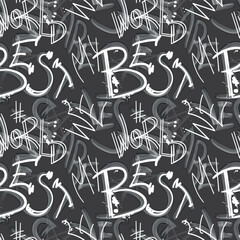 Seamless graffiti text pattern with bold street style lettering, white spray paint effect on black background, urban art design for fashion, textile, wrapping paper, and youth accessories.