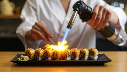 Chef using a blowtorch to caramelize sushi rolls on a black plate, garnished with wasabi, in a restaurant setting.