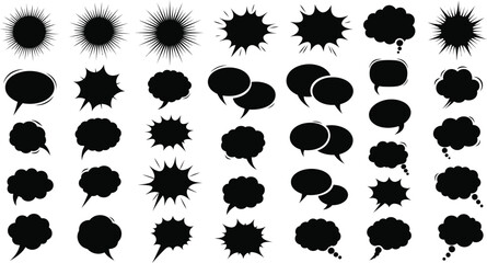 Comic book pop starburst speech bubbles editable icons. Black comic burst flat, bubble talk shapes. Thought cartoon word bubbles icon set vector illustration 