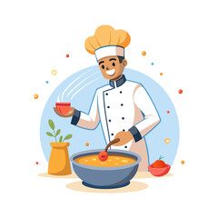 Charming male chef sprinkling spices into a magical glowing soup bowl, gourmet cooking, culinary artistry, professional kitchen illustration