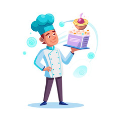 Male chef presenting futuristic holographic dessert menu in clean vector style, innovative food technology concept with white background illustration