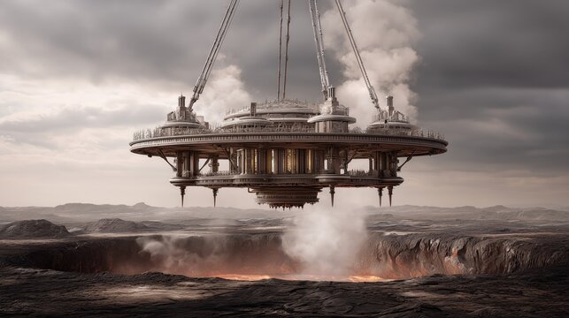 A futuristic flying structure hovering over a volcanic landscape, showcasing advanced technology and imaginative design.