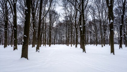 Fototapeta premium Snowy expanse in a forest of bare trees under an overcast winter sky creating a silent landscape