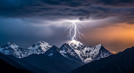 Dramatic lightning strike illuminates snow-capped mountain peaks during a powerful thunderstorm creating a breathtaking natural spectacle and showcasing nature's raw energy