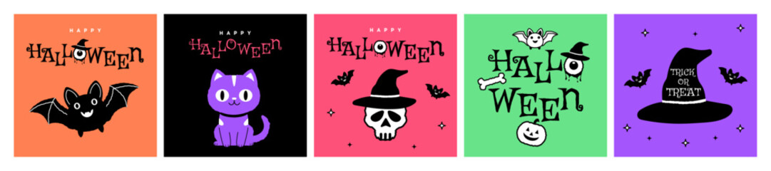 Happy Halloween vector set with characters: bats, a pumpkin, a cat, and a skull, in spooky night themes.Fun trick or treat design concepts for party, web, illustration, poster, banner and graphic use.