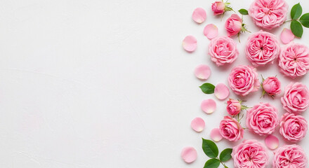 Arrangement of pink roses with petals and green leaves on a white background studio shot flat lay
