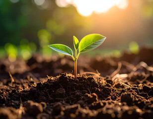 Fototapeta premium A young sprout emerges from the soil.
