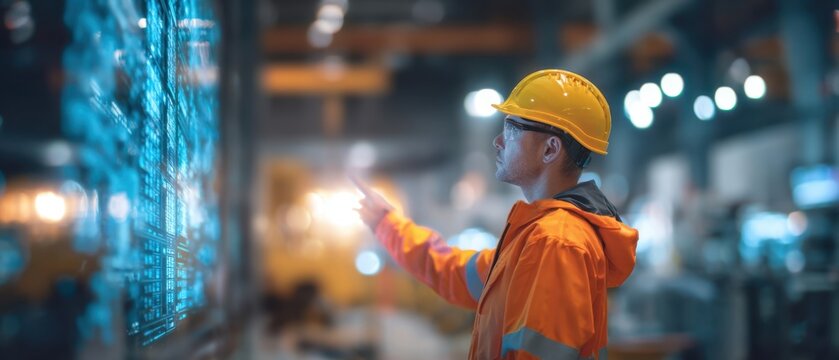 The engineer interacting with digital technology in a modern industrial setting.