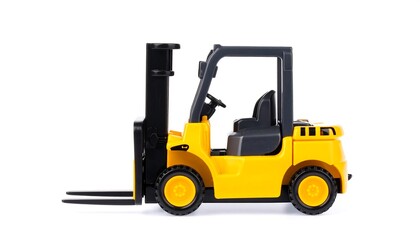 Fototapeta premium Studio Shot of a Toy Forklift Truck on White Background for Transportation Purposes