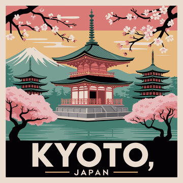 Kyoto Japan Vintage Travel Poster with Cherry Blossoms