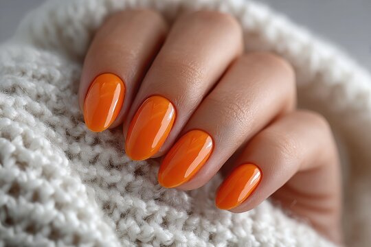 Close-up of manicured hand with vibrant orange nails