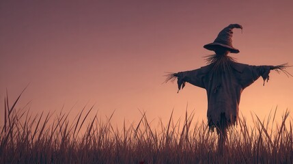 Silhouette of Scarecrow in a Field at Sunset