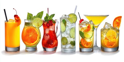 The colorful array of refreshing cocktails garnished with fruits and herbs.