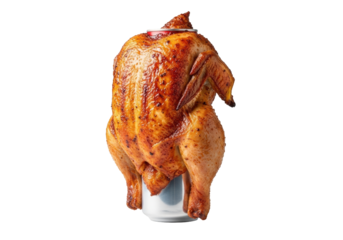 Perfectly roasted, whole beer can chicken, golden-brown crispy skin and subtle charring on metallic can, against seamless transparent studio background, no shadows, appetizing commercial food concept