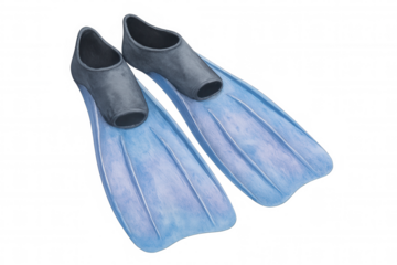 Watercolor blue diving fins rendering, symbolizing underwater adventure and marine recreational gear against transparent backdrop