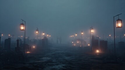 Fototapeta premium Mysterious Foggy Night Path with Dimly Lit Lanterns