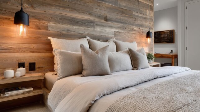 bedroom with wood accent wall, warm side lighting, natural linen bedding, cozy rustic vibe