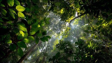 Lush green foliage with sunlight filtering through the dense forest canopy.