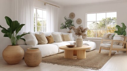 japandi living room, woven rug, clay pots with plants, natural linen upholstery, serene natural light