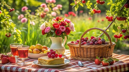 Outdoor picnic spread with cake, fruits, and drinks