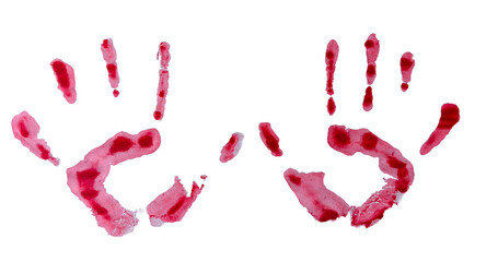 Two red bloody handprints on a white background reminiscent of blood or ink, perfect for horror themes, Halloween or dramatic visual design.