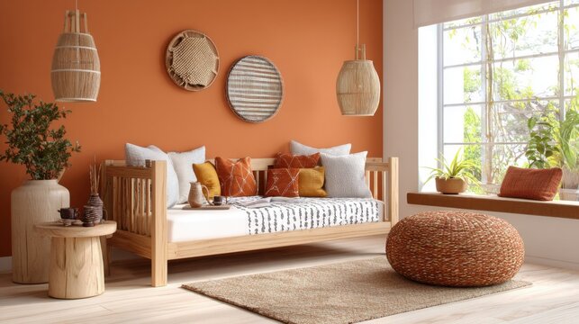 kids room with orange accent wall, natural wood furniture, warm ambient light, vibrant and cozy space