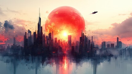 Naklejka premium Futuristic city skyline at sunset with a large red sun and spaceship.