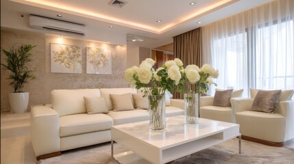 living room, floral decorative accents, LED strip lighting, modern clean design, warm atmosphere