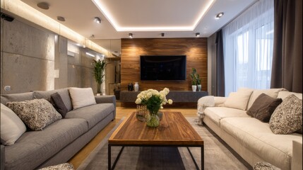 living room, floral decorative accents, LED strip lighting, modern clean design, warm atmosphere