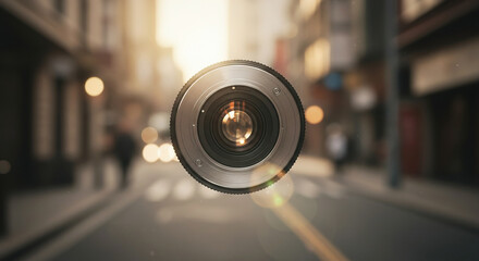 A close-up of a camera with a blurred urban street in the background. The image symbolizes constant surveillance, loss of privacy, and the feeling of being observed in public