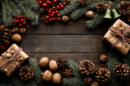 Rustic wooden background framed with pine branches, red berries, pinecones, and wrapped gifts for a traditional Christmas design. - Powered by Adobe