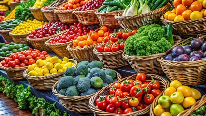 Obraz premium A vibrant display of fresh fruits and vegetables at a market stall