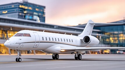 Fototapeta premium A sleek private jet parked at an airport, showcasing luxury design and modern architecture amid a vibrant sunset backdrop.