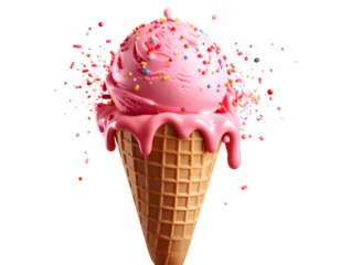 Realistic 3D illustration of a melting strawberry ice cream cone topped with sprinkle