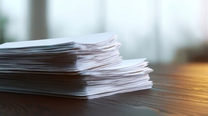 The stacked papers on a wooden table in a bright office environment.