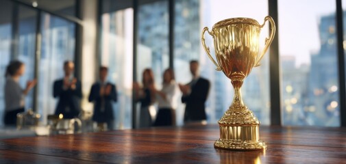 The golden trophy symbolizing achievement and celebration in a corporate environment.