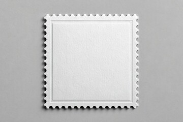 Blank white postage stamp with serrated edges on grey background