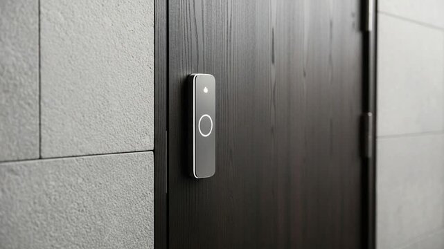 Close-up of a hand pressing a modern smart door lock button on a dark wooden door.