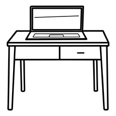 Minimalist Line Art Office Desk with Laptop Vector Illustration
 Minimalist Office Desk Vector, Laptop Desk Line Drawing, Elegant Workspace Outline