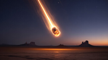 A large meteor streaks across the night sky over a desert landscape