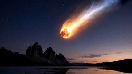 A meteor streaks across the night sky over a mountain range and lake