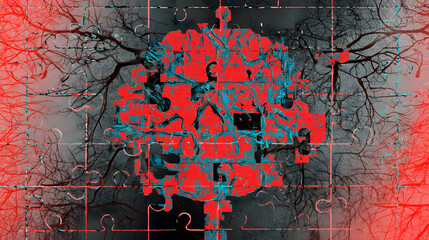Fototapeta premium A fractured digital brain puzzle with biological neurons slipping through, illustrating AI limitations. 