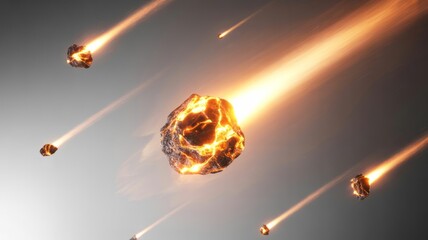 Meteor shower with burning rocks falling from space towards the planet