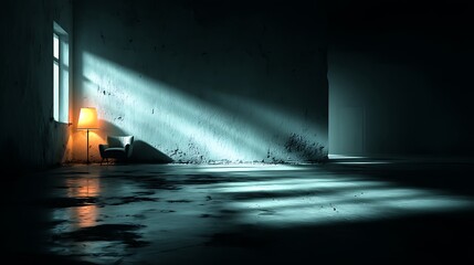 Dramatic lighting in empty room with lamp high resolution image