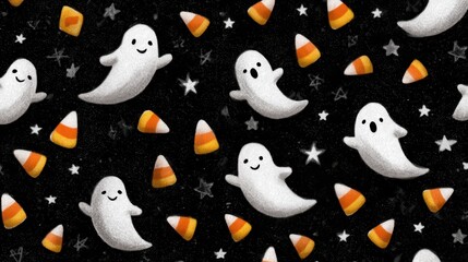 Fototapeta premium Cute White Ghosts and Candy Corn Halloween Pattern on Black Background