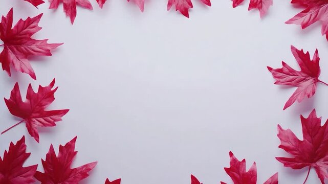 Vivid crimson maple leaves arranged in a frame against a light gray background