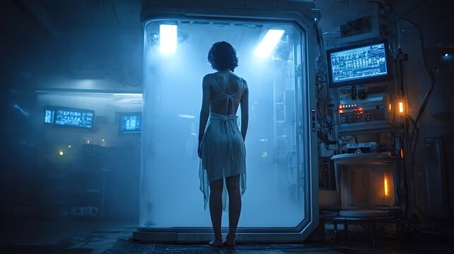 Young woman in a white dress entering a futuristic cryogenic chamber filled with vapor, surrounded by advanced medical equipment and vital sign displays