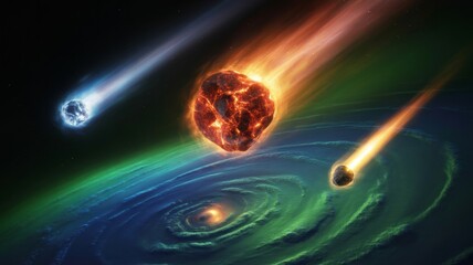 Three asteroids hurtle through space towards a planet in a cosmic collision